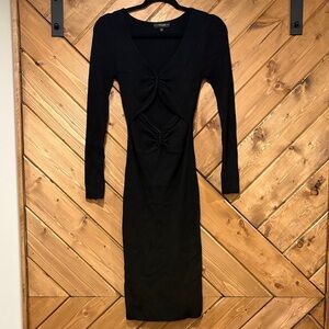 Guess Twist Cut Out Front Black Long Sleeve V Neck Dress Medium